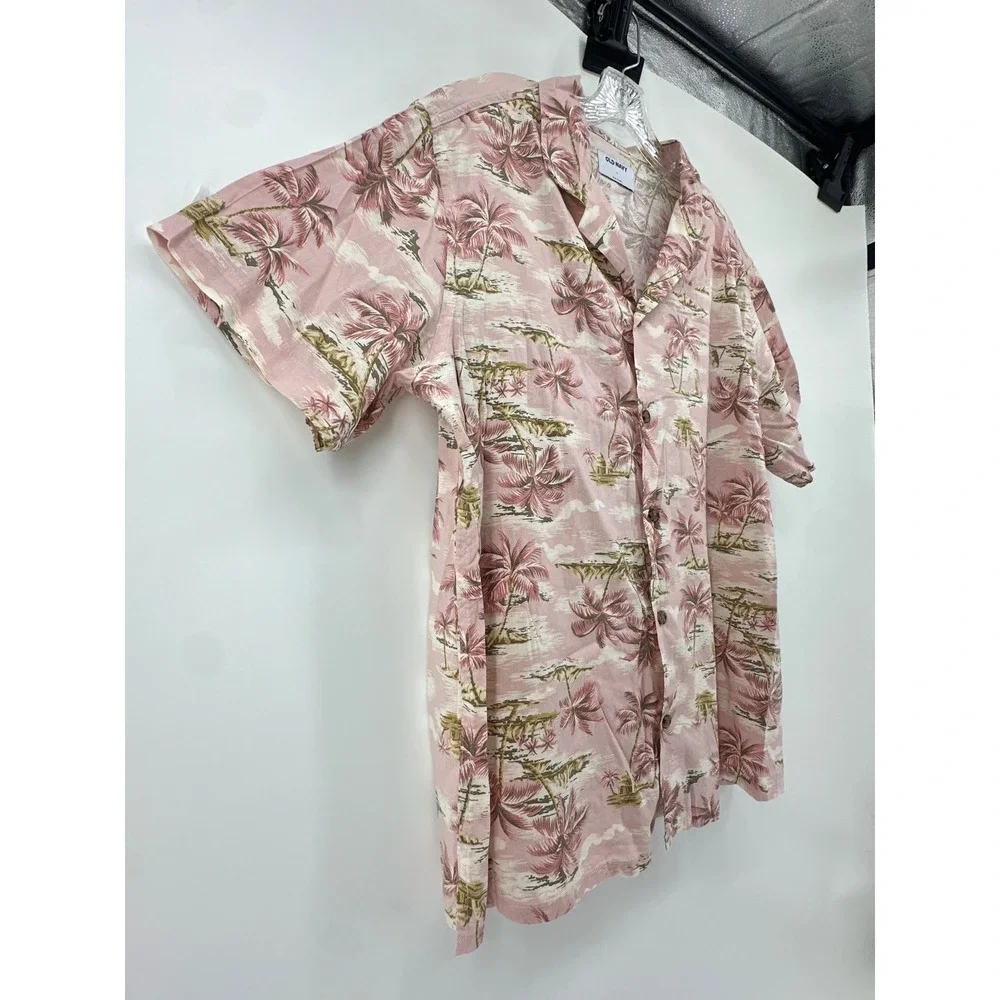 Old Navy Mens Large Pink Tropical Palm Tree Camp Shirt Short Sleeve Button Down